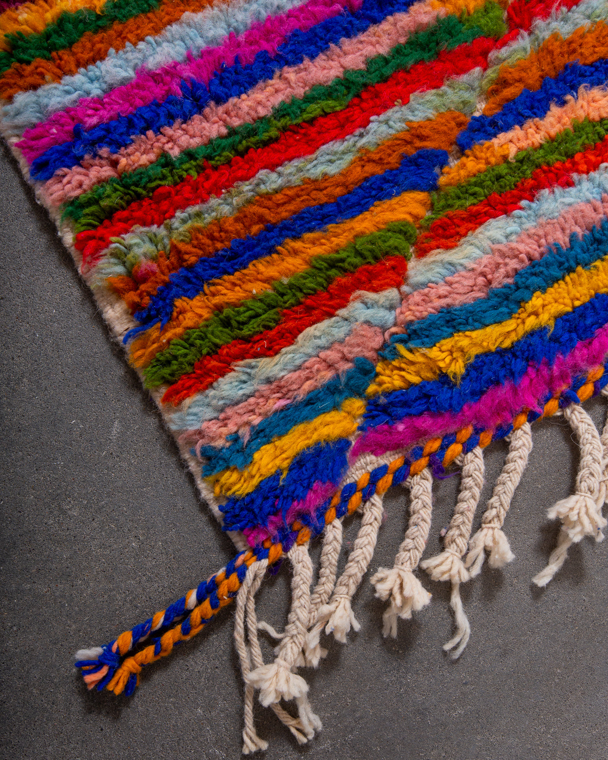 Modern, designer, handcrafted Berber rug from Morocco. Beniourain carpet with beautiful colours and patterns and fluffy wool texture.